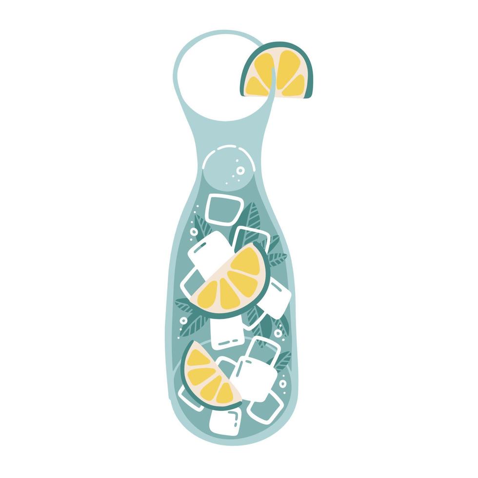 mojito cocktail in stijlvolle glazen kan. citrus limonade in transparante pot. verfrissend zomerdrankje. fles gevuld met ijs, munt en sinaasappel-, citroen- of limoenschijfjes. platte hand getekende vectorillustratie. vector