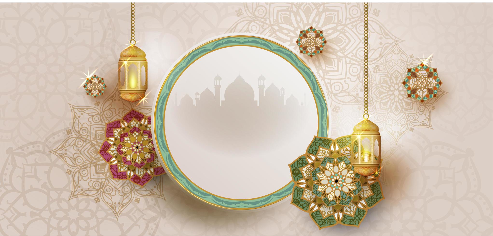 ramadan kareem poster met frame en hangende lantaarns vector