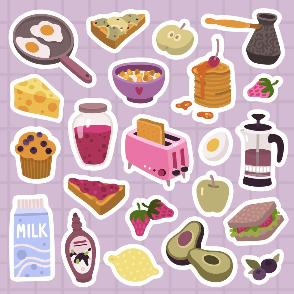 ontbijt schattige stickers set vector