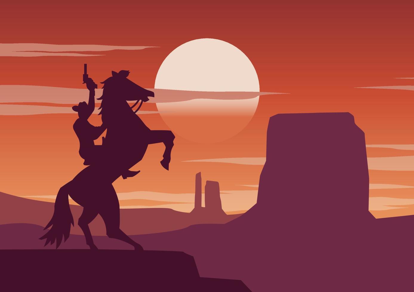 cowboy en paard staande op de klif op zonsondergang tijd vector