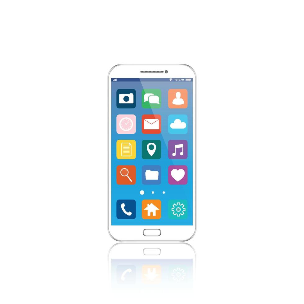 witte smartphone met wolk van toepassingspictogrammen en apps-pictogrammen die om hen heen vliegen, geïsoleerd op een witte achtergrond. eps10 vector