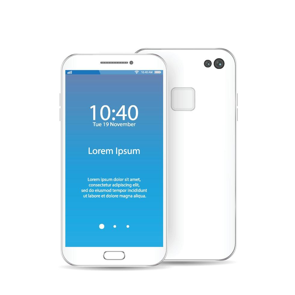 moderne witte smartphone geïsoleerd. voor- en achterkant van vector smartphone illustratie. mobiele telefoon mockup achteraanzicht.