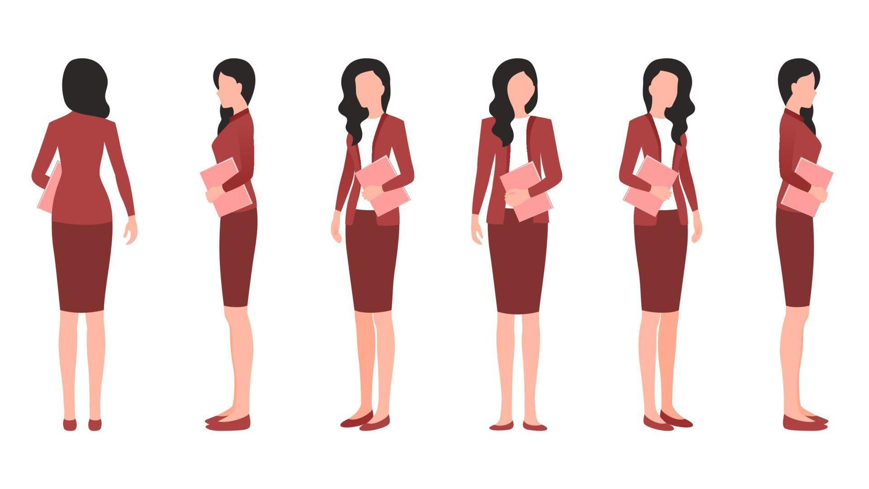 vrouw met office document platte karakter vectorillustratie gemaakt vanuit verschillende hoeken. vrouwen met office documenten platte vector tekenset.