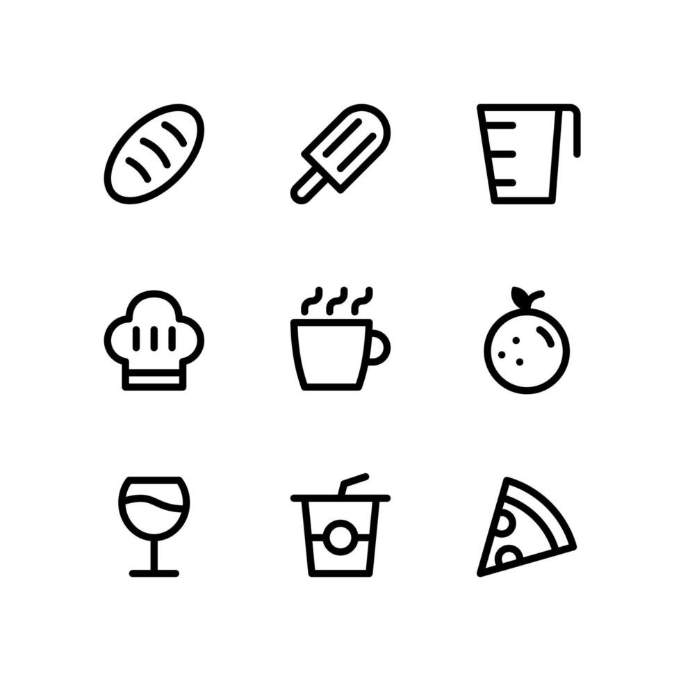 lijnpictogrammen voor eten en drinken, waaronder brood, popslice en meer vector