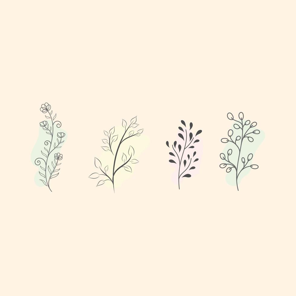 set handgetekende bloemenelementen. doodle planten met bladeren, vector bloemen collectie