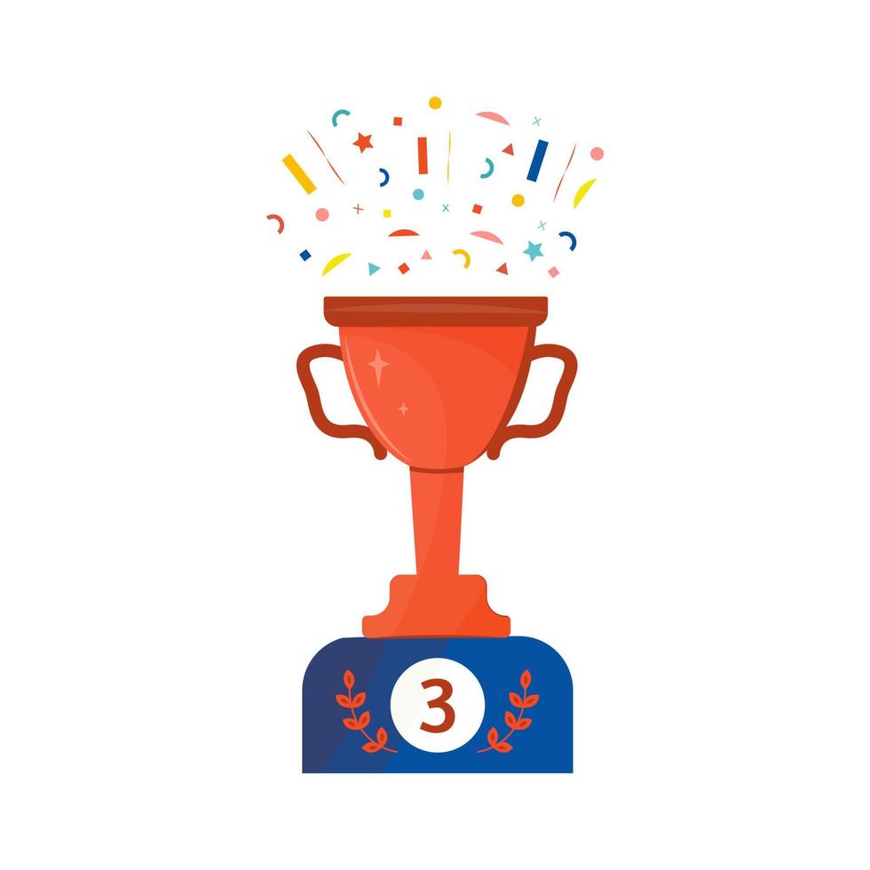 bronzen trofee. beker 3e prijs plaats. winnaar symbool. confetti ter ere van de overwinning. ontwerpelement voor toepassingen, certificaten, prijsvragen, prijsvragen. vectorillustratie. vlak vector