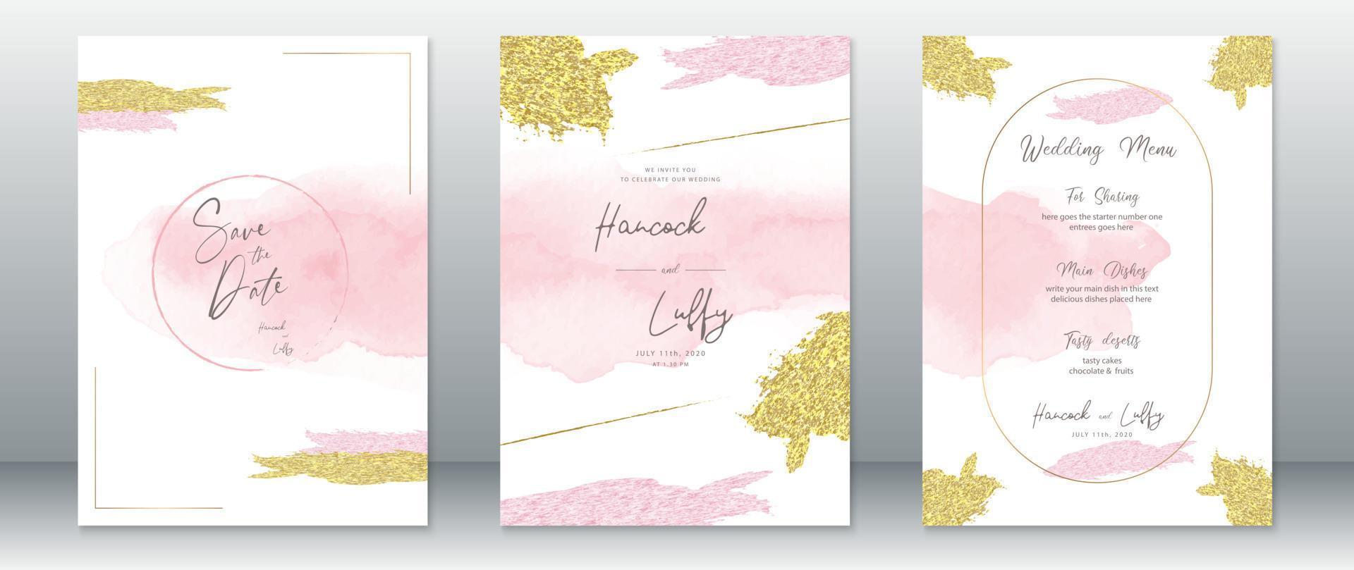 bruiloft uitnodigingskaart roze aquarel met gouden textuur vector