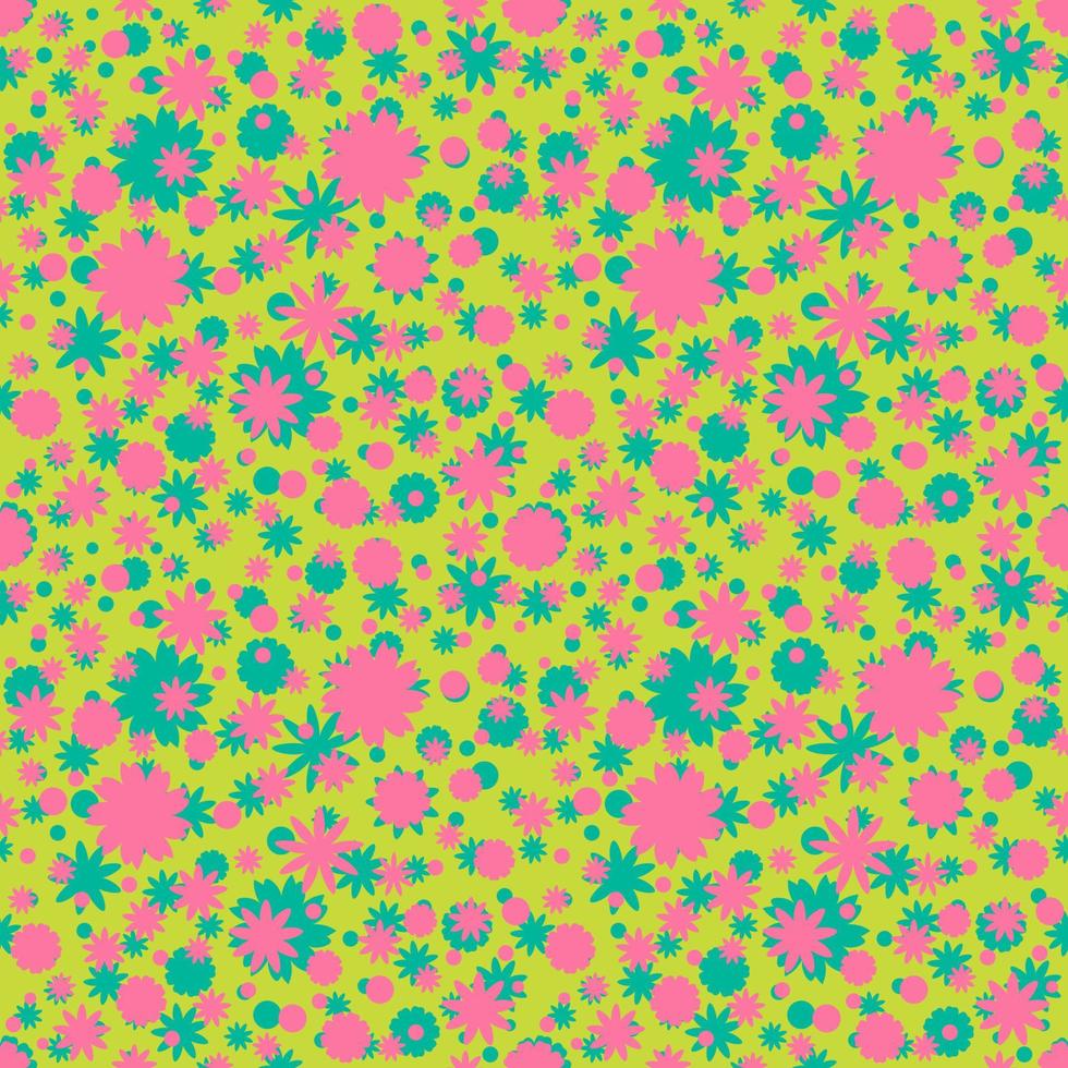 naadloze patroon met roze, groene ditsy bloemen, stippen op groene achtergrond. bloemen achtergrond. vector