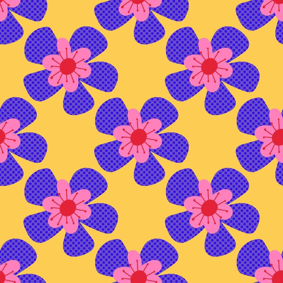 schattige cartoon polka dot bloemen in vlakke stijl naadloze patroon. bloemen kinderlijke stijl achtergrond. vector