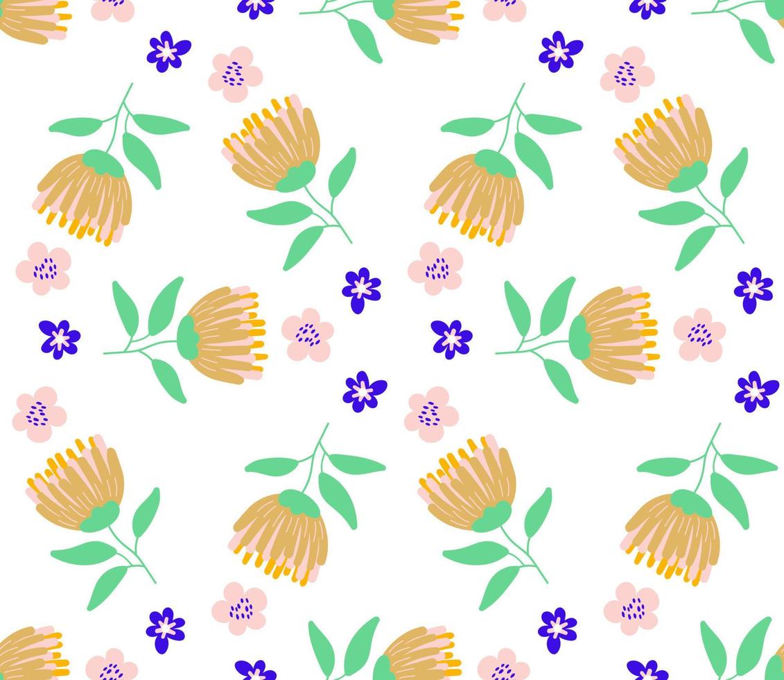 schattige cartoon bloemen in vlakke stijl naadloze patroon. bloemen kinderlijke stijl mozaïek achtergrond. vector