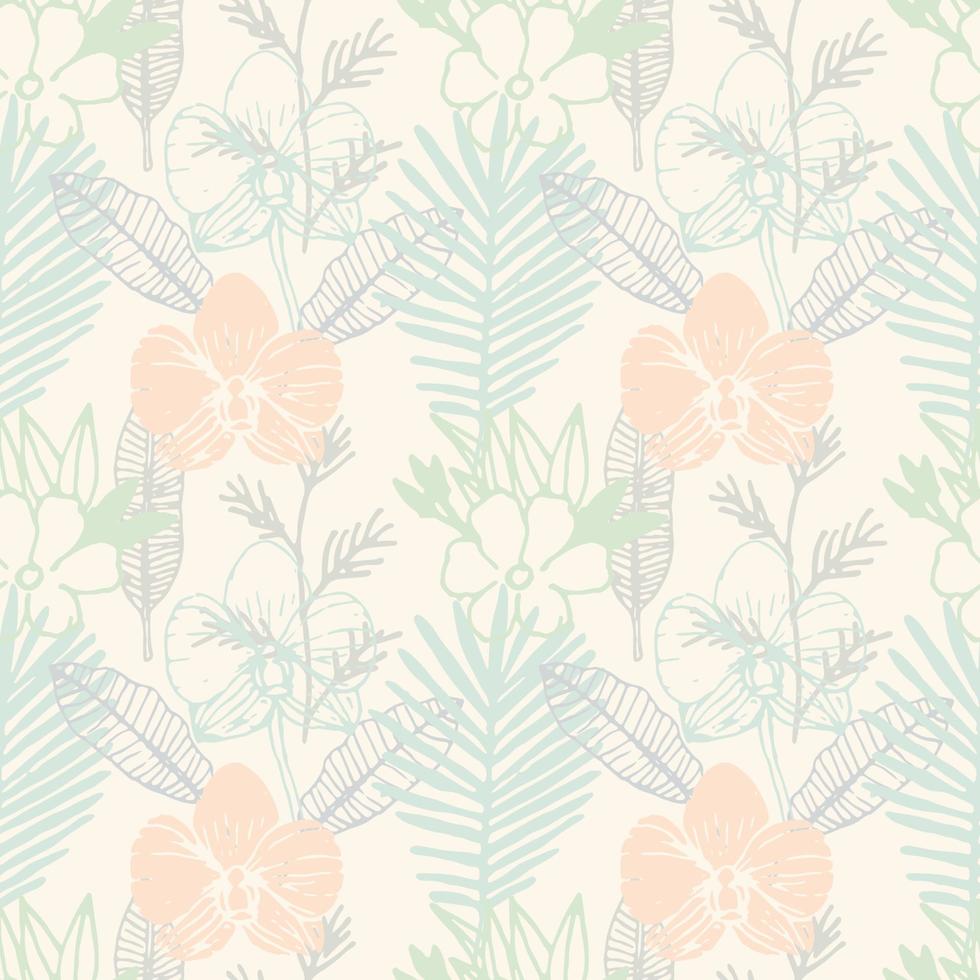 tropisch naadloos patroon met frangipani, palmbladeren, orchideebloem. bloemen kleurrijke achtergrond. vector