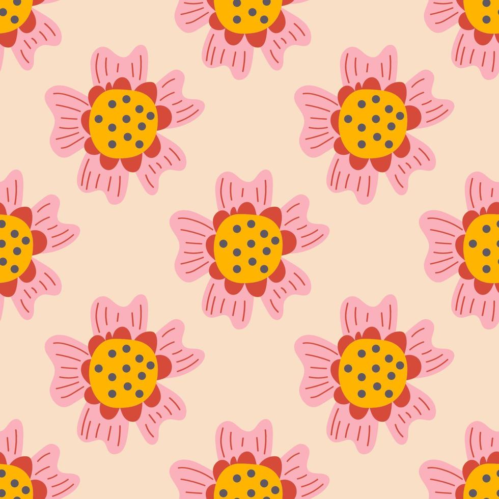 schattige cartoon polka dot bloemen in vlakke stijl naadloze patroon. bloemen kinderlijke stijl achtergrond. vector