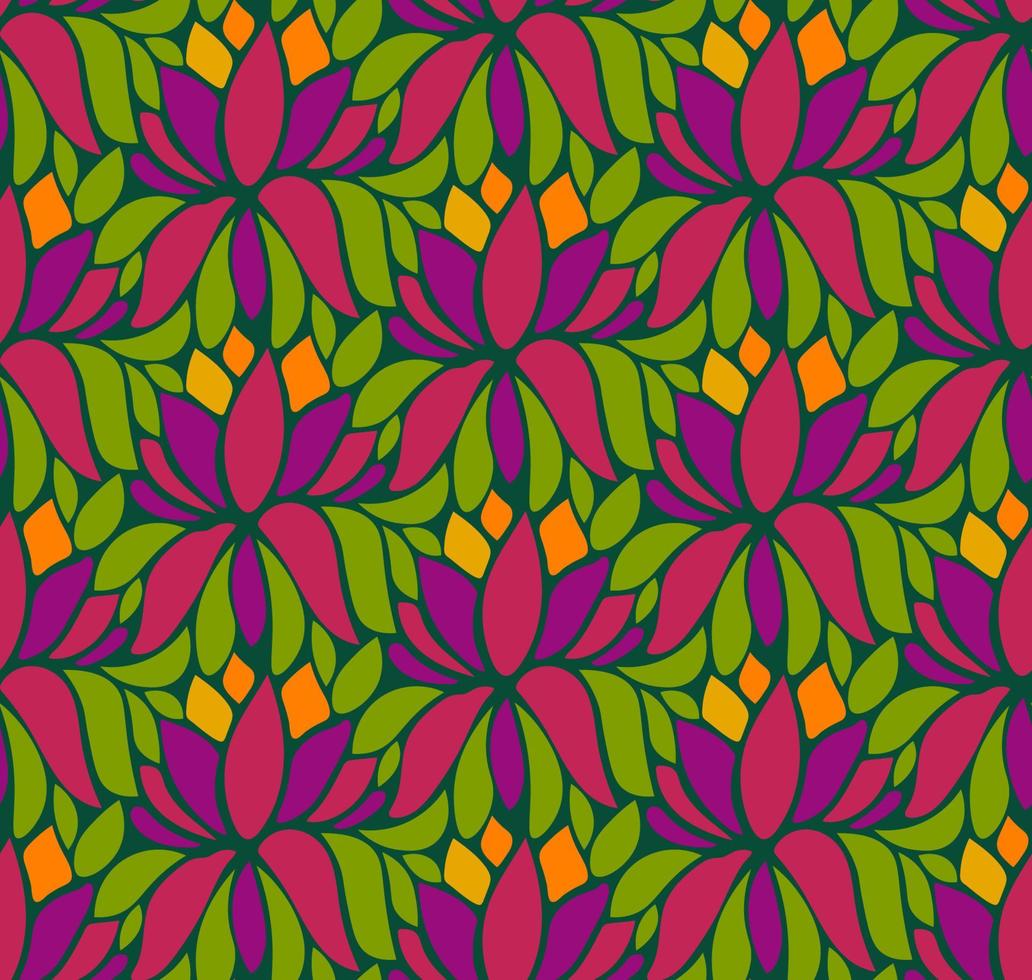 naadloze bloemmotief met lotus en groene bladeren. kleurrijke tropische achtergrond met fantasie bloemen. tropisch naadloos patroon. vector