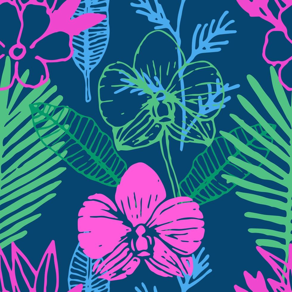 tropisch naadloos patroon met frangipani, palmbladeren, orchideebloem. bloemen kleurrijke achtergrond. vector