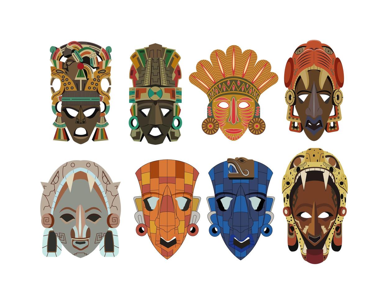 set van acht sierlijke gedetailleerde mayan maskers vector