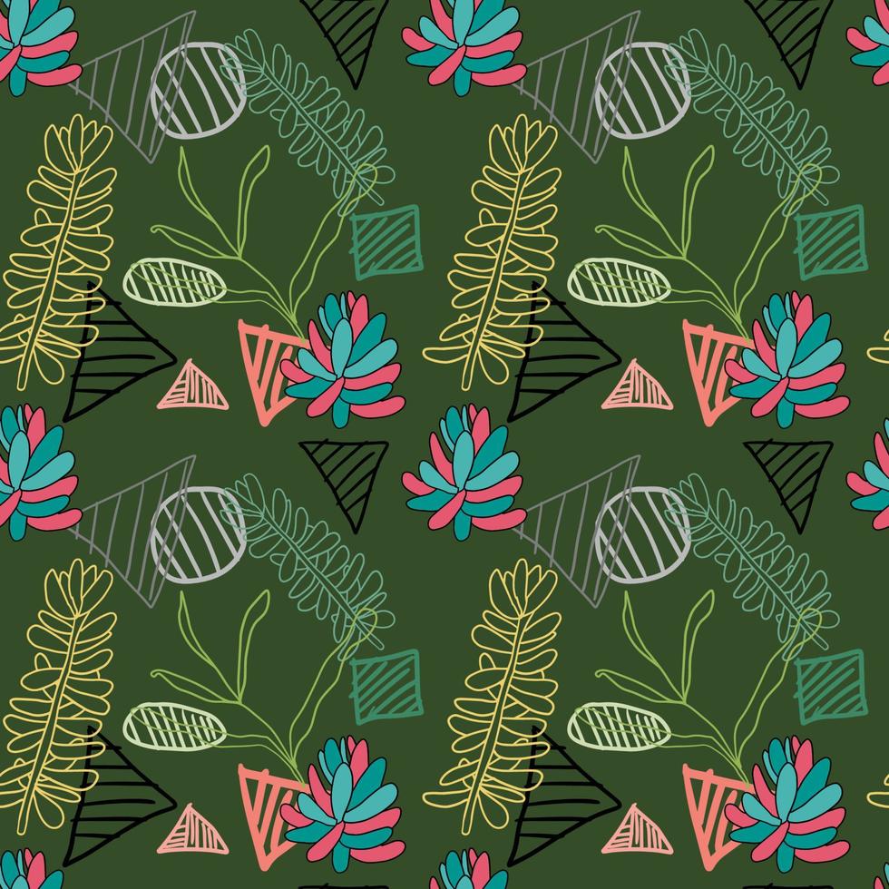 schattige doodle succulente bloemen en gestreepte geometrische vormen naadloos patroon. abstracte achtergrond met planten, struiken geïsoleerd. vector