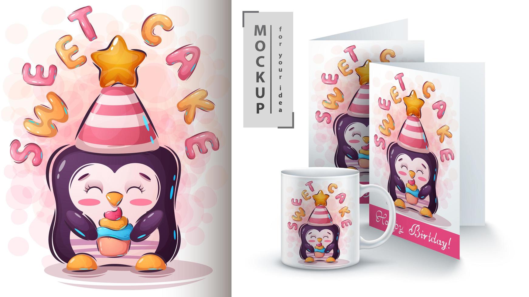 pinguïn met cake poster en merchandising vector