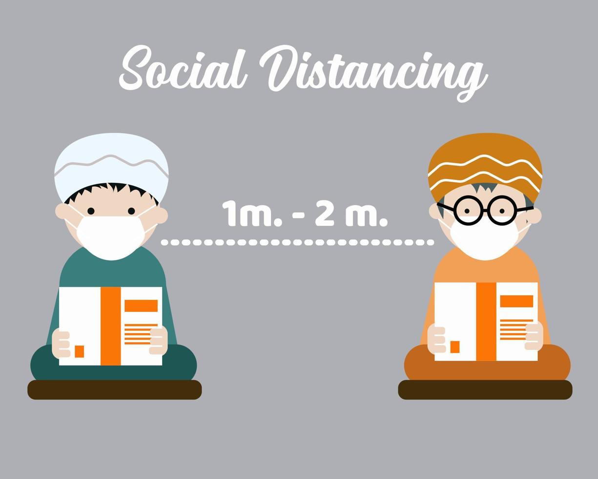 moslim of arabische jongen die bidt met sociale afstand. nieuw normaal na covid-19 crisisconcept. vector