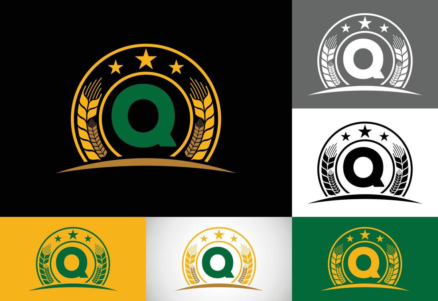 aanvankelijk q het symboolontwerp van het monogramalfabet opgenomen met tarwe, gerst of rogge. landbouw logo concept. logo voor landbouwbedrijf en bedrijfsidentiteit vector