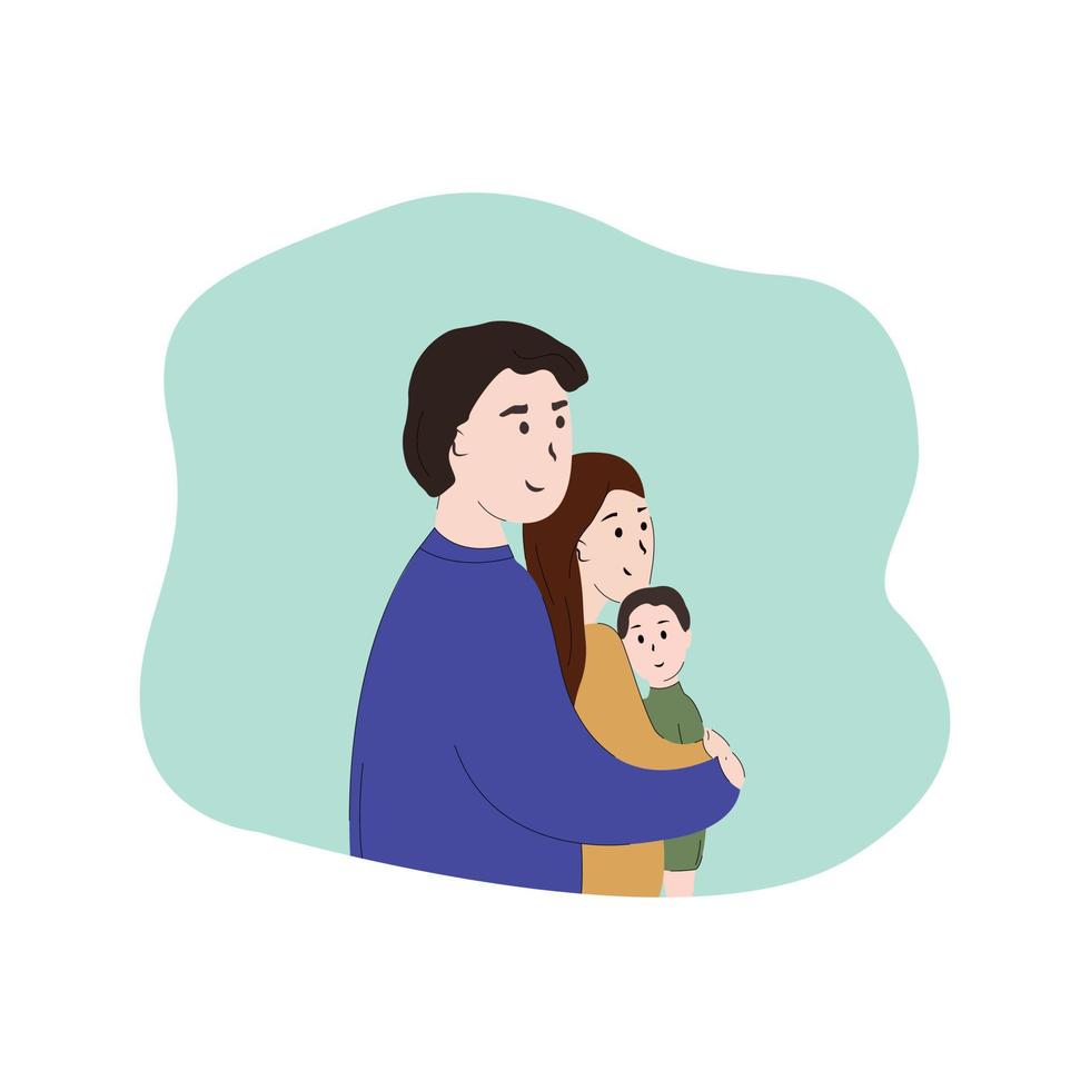 familie concept vlakke stijl, vectorillustratie geïsoleerd op een witte achtergrond. ouders en kind omhelzen elkaar. mama en papa knuffelen je kind, liefhebbende familie vector