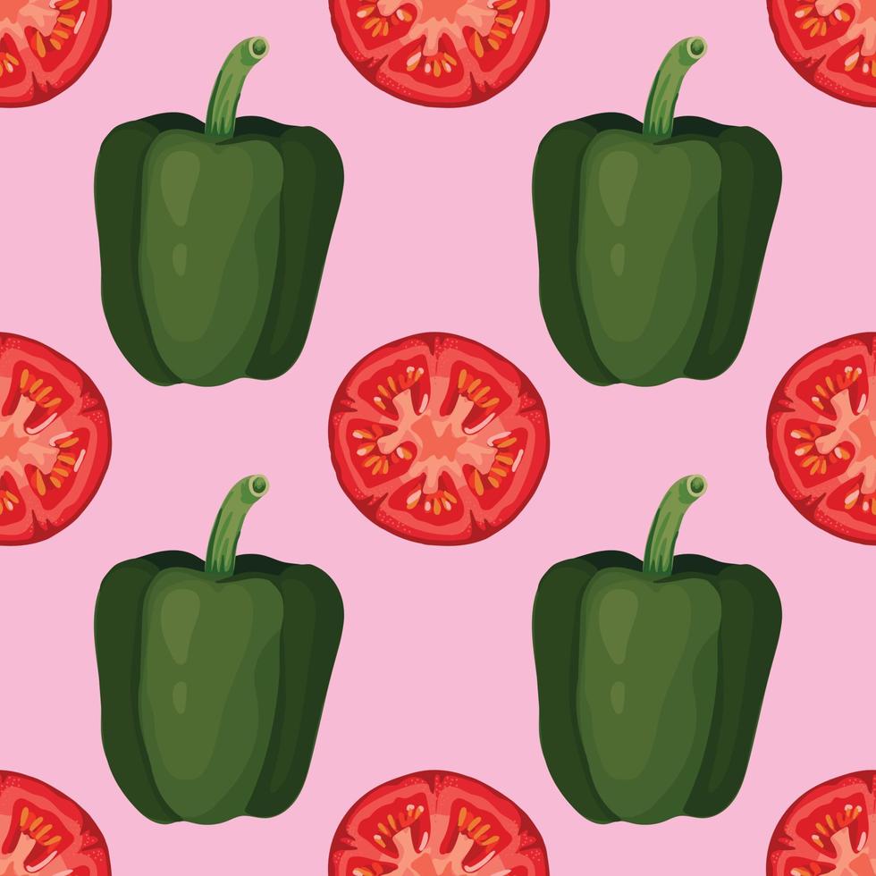 groene paprika en rode tomaat hand tekenen plantaardig naadloos patroonontwerp vector