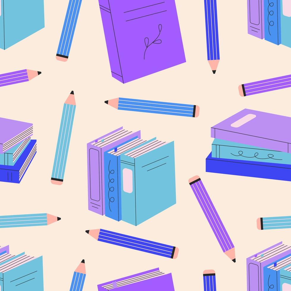 Lees meer boeken. verschillende cartoon stapel, stapel kleurrijke boeken, potloden in blauw, violet. boekhandel of lezing festival concept. met de hand getekend plat educatief naadloos patroon vector