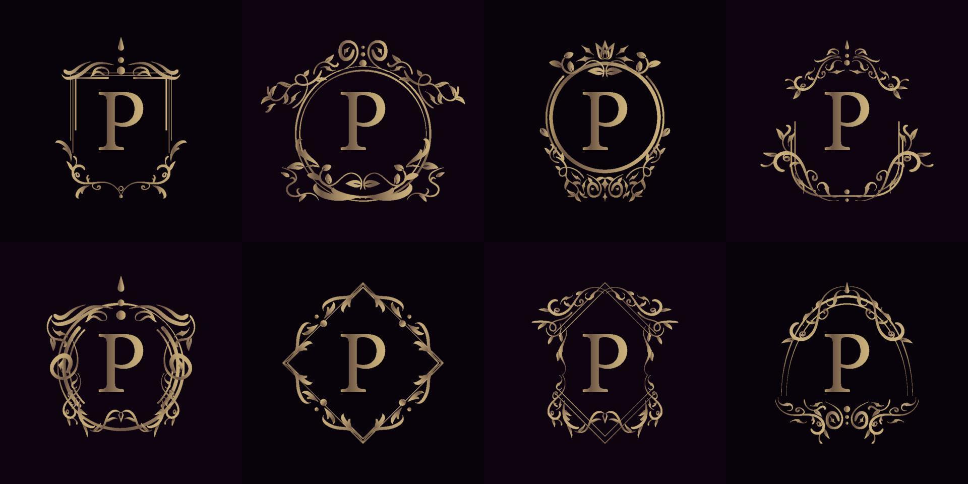 logo eerste p met luxe ornament of bloemframe, set collectie. vector