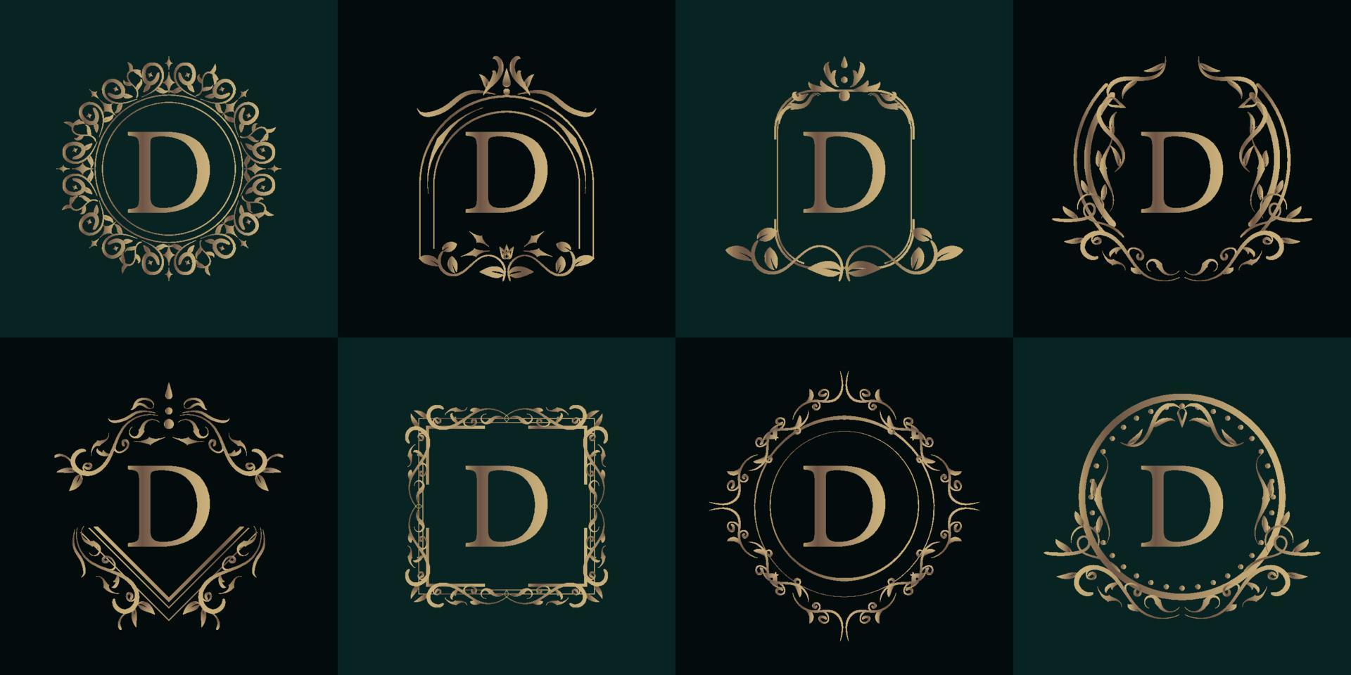logo eerste d met luxe ornament of bloemframe, set collectie. vector