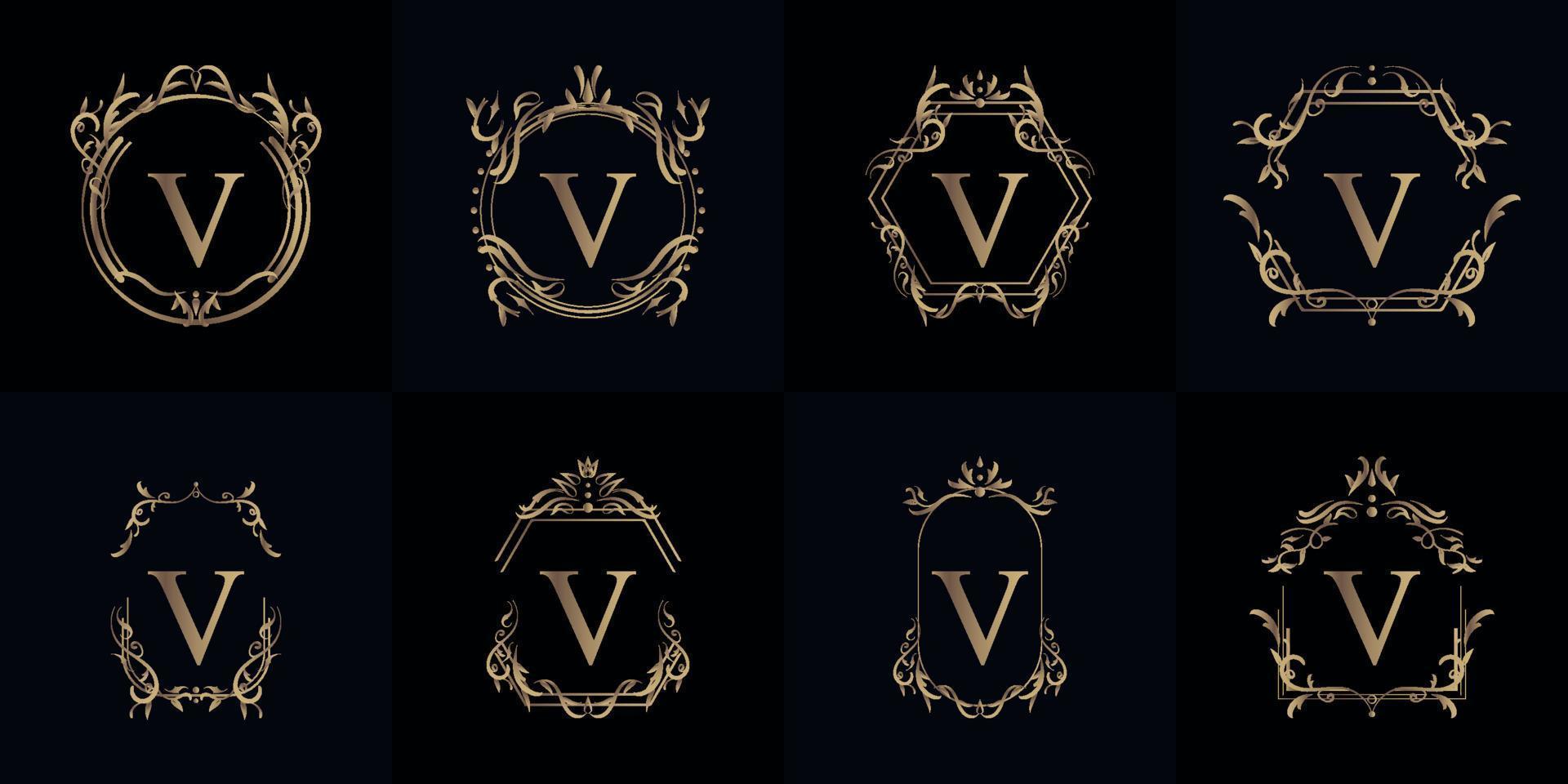 verzameling van logo initial v met luxe ornament of bloemframe vector