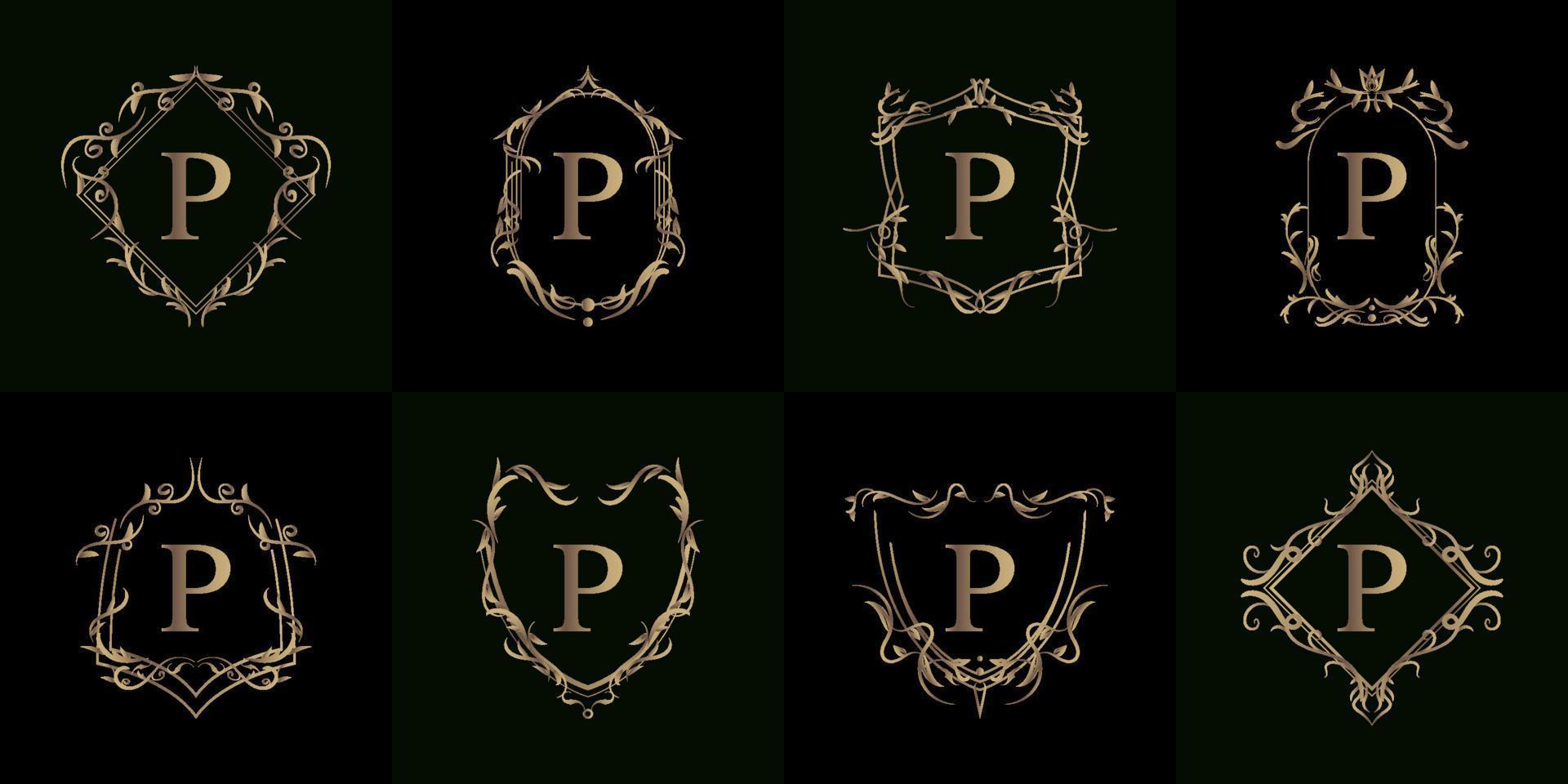 verzameling van logo initial p met luxe ornament of bloemframe vector