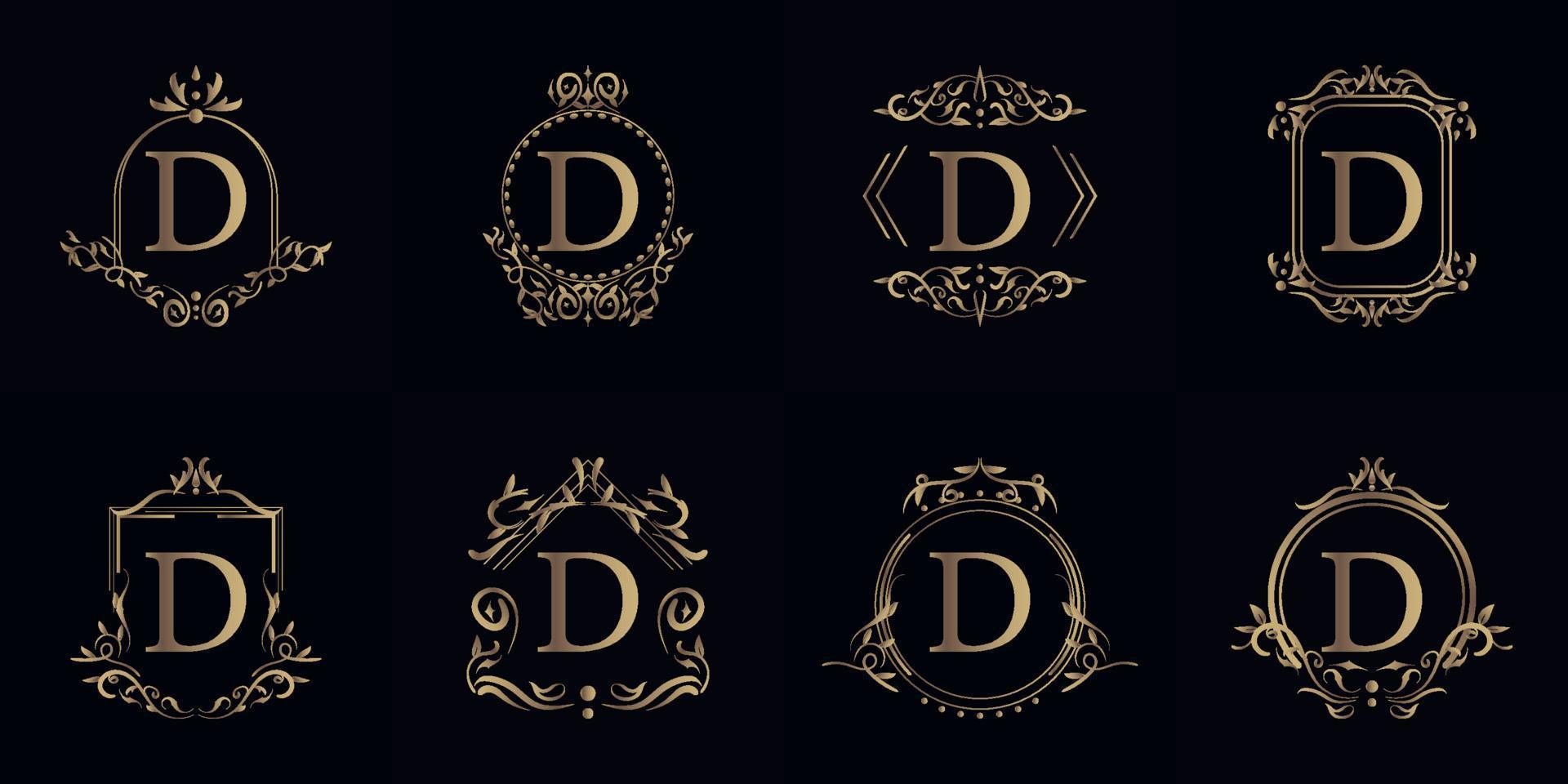 logo eerste d met luxe ornament of bloemframe, set collectie. vector