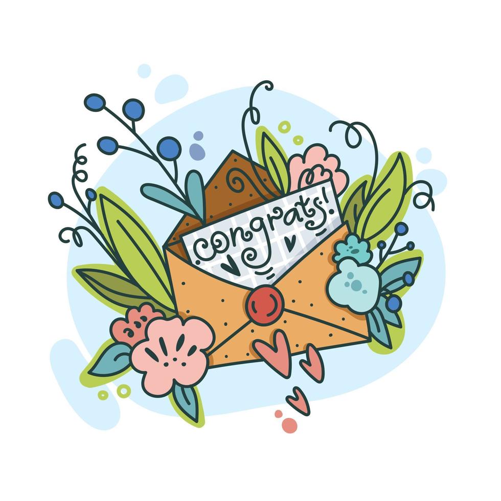 een envelop met een brief met het woord gefeliciteerd. vectorillustratie in vlakke stijl geïsoleerd op een witte achtergrond voor wenskaart met heldere bloemen en bladeren. vector