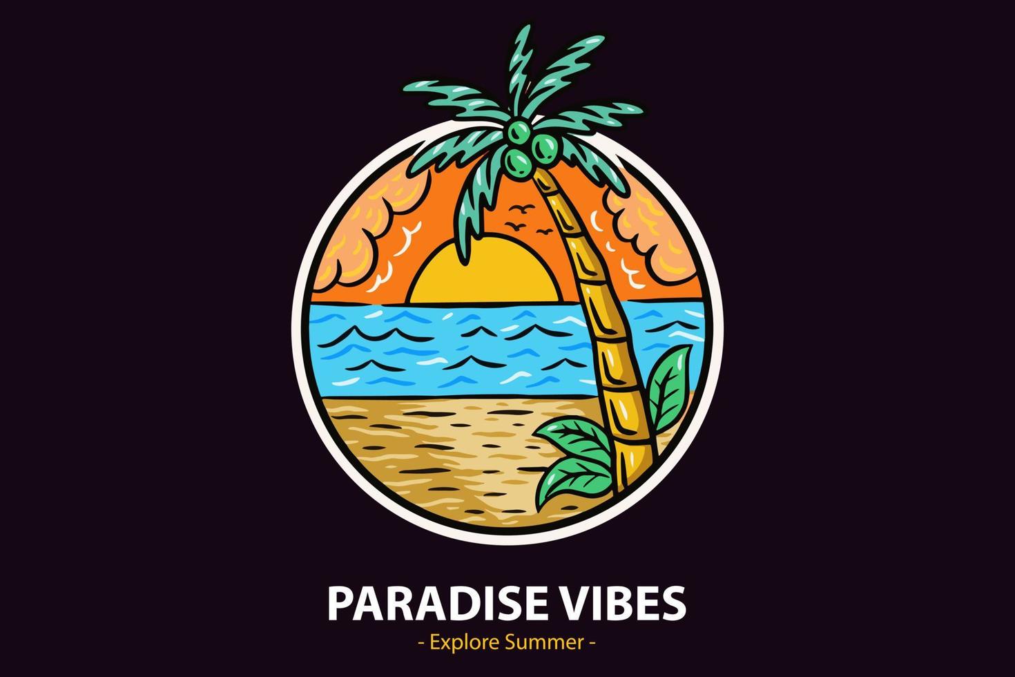 zomertijd badges met zonsondergang en golf kokospalm en surf strand paradijs eiland hemel vector