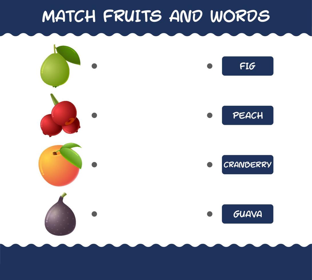 match cartoon fruit en woorden. bijpassende spel. educatief spel voor kleuters en peuters vector