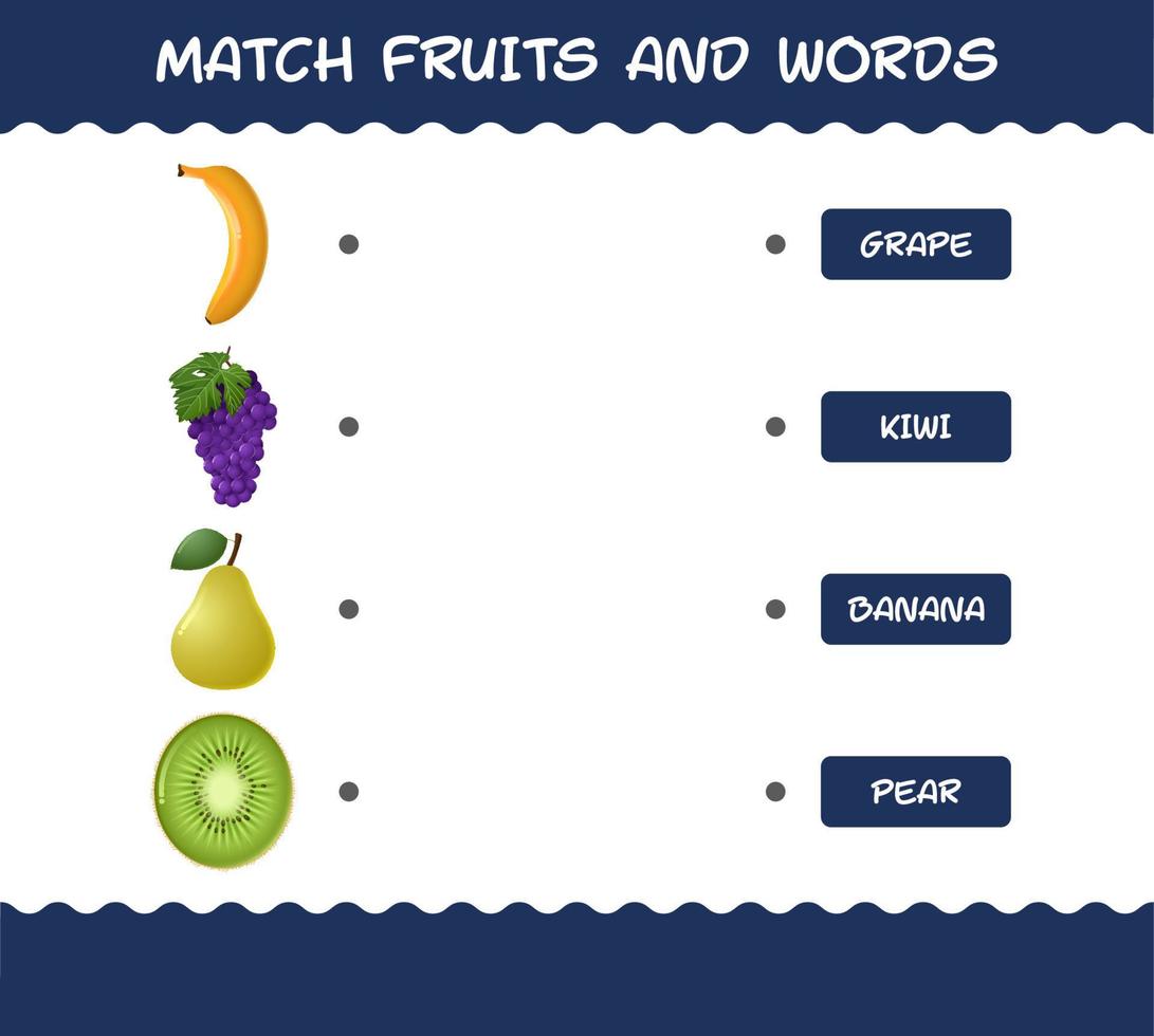 match cartoon fruit en woorden. bijpassende spel. educatief spel voor kleuters en peuters vector