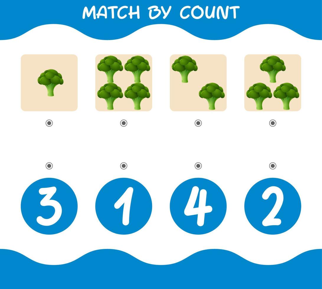 match door het aantal cartoonbroccoli's te tellen. match en tel spel. educatief spel voor kleuters en peuters vector