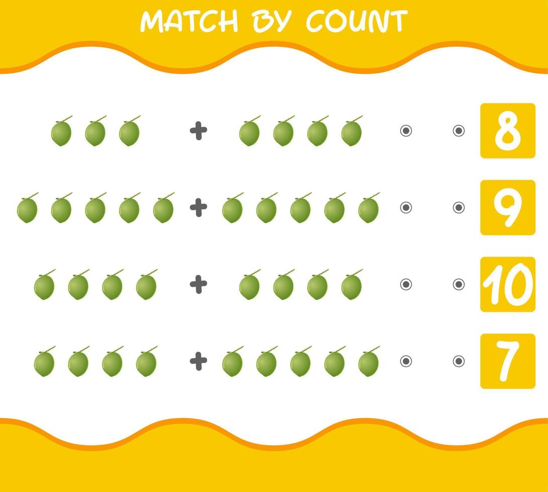 match door telling van cartoon kokosnoten. match en tel spel. educatief spel voor kleuters en peuters vector