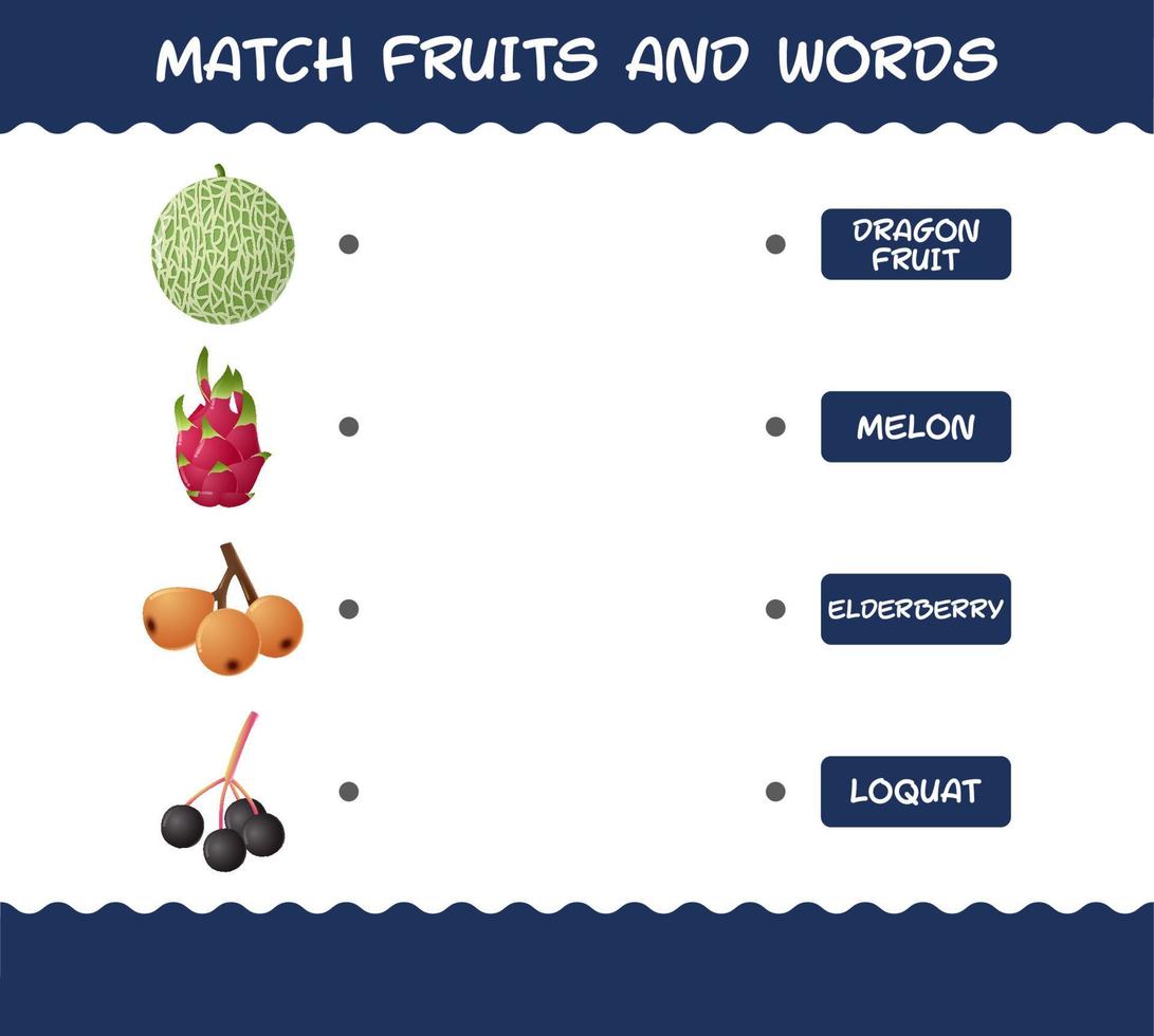 match cartoon fruit en woorden. bijpassende spel. educatief spel voor kleuters en peuters vector