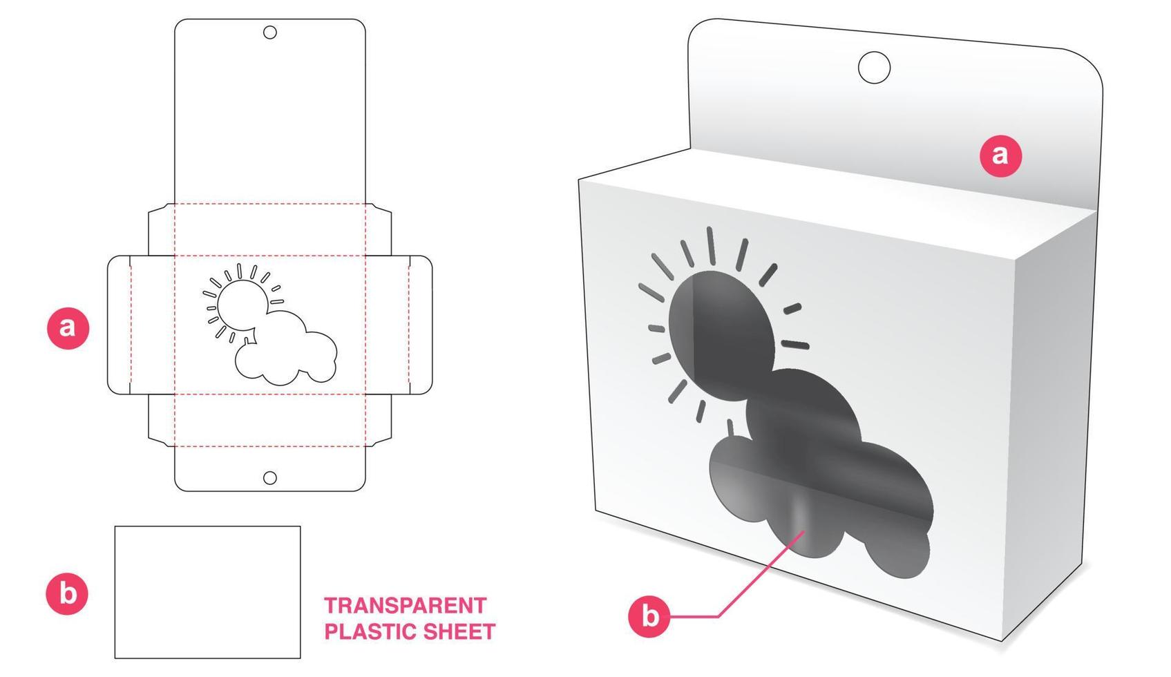 kartonnen hangende verpakking met zonsopgangvenster en doorzichtig gestanst sjabloon van plastic vel vector