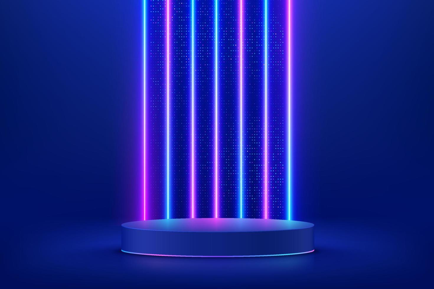 realistisch donkerblauw 3d cilinder voetstuk podium. sci-fi abstracte kamer met verticale verlichte neonverlichting en glanzende stippen glitter. vector rendering geometrische vormen, productweergave. futuristische scène