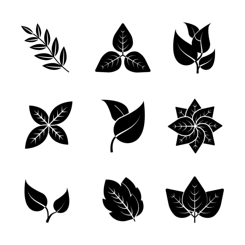 set van 9 verschillende bladeren vector pictogram. bevat symbolen als plant, blad. silhouet pictogramserie.