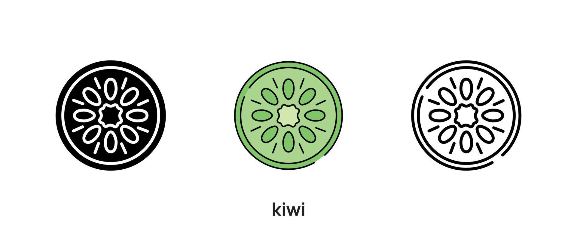 ontwerp van het kiwipictogram. kiwi pictogrammenset in silhouet, gekleurd en lineair. kiwi pictogram lijn vectorillustratie geïsoleerd op een schone achtergrond voor uw web mobiele applicatie logo ontwerp. moderne lijn. vector