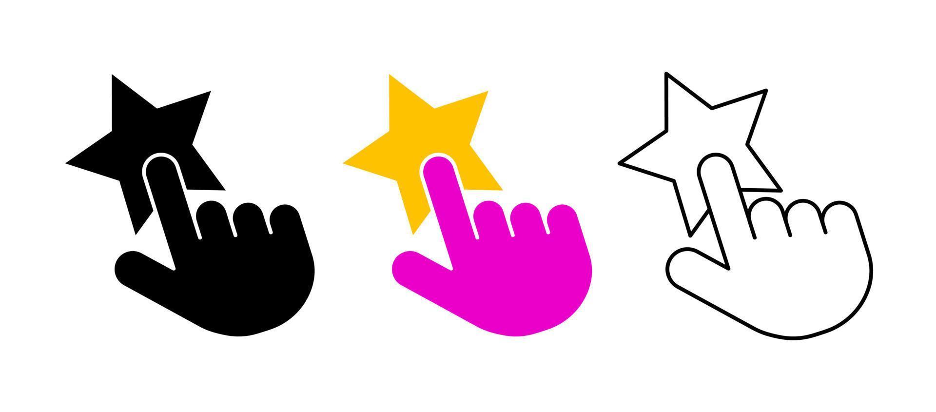 duim raakt de ster. handmatige klik-aanraking vector icon set. silhouet, gekleurde, lineaire icon set. logo-web, pictogram ontwerpelement.