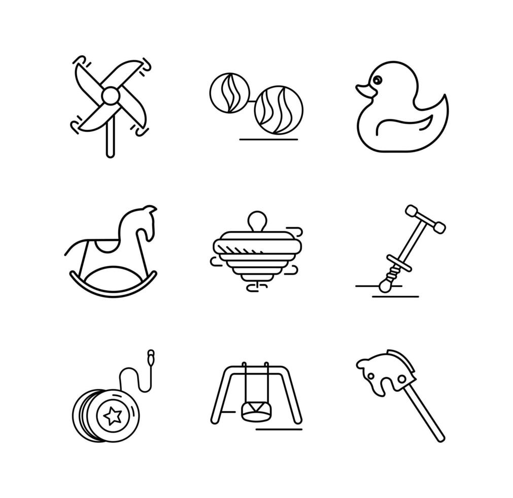 icon set van eiken, eend, hobbelpaard, jojo, handmolen, schommel en draaibaar speelgoed en meer. plezier en spel icoon. kinderspeelgoed set. bewerkbare rij set. lineaire pictogramserie. vector