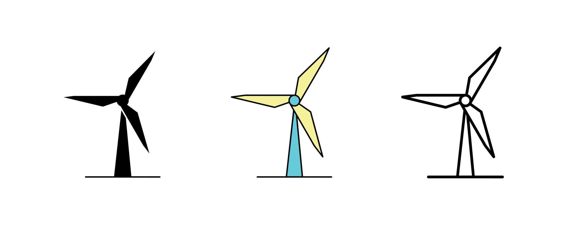 ontwerp van windturbines. windturbine pictogrammenset in silhouet, kleurrijk en lineair. windturbine vectorillustratie geïsoleerd op een schone achtergrond voor uw web mobiele applicatie logo ontwerp. kalligrafie. vector