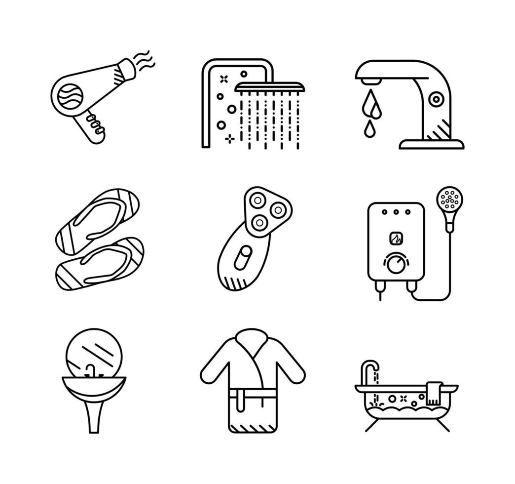 föhn, slippers, scheerapparaat, badjas, kraan en douchekap vector icon set. badkamer set. bewerkbare rij set. lineaire pictogramserie. logo-web, pictogram ontwerpelement