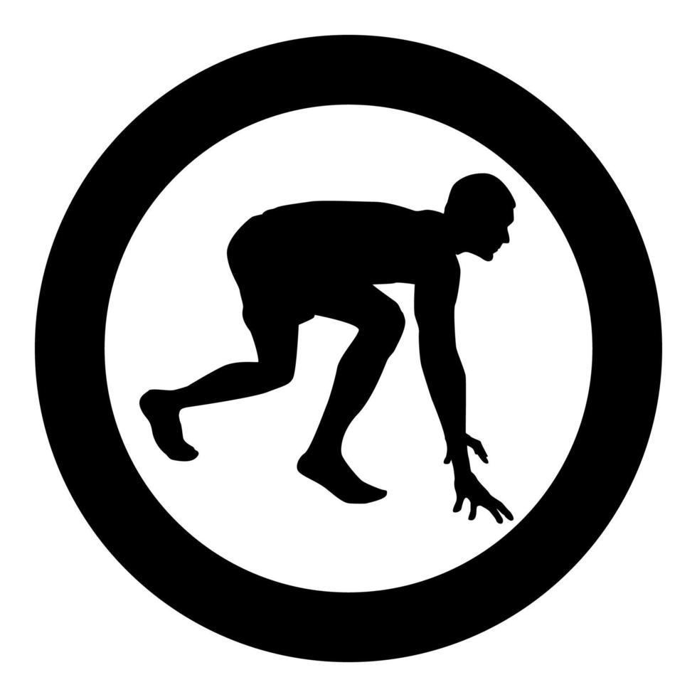 loper bereidt zich voor om te beginnen met rennen start renner in klaar houding om te sprinten silhouet klaar om te beginnen pictogram zwart in cirkel rond vector