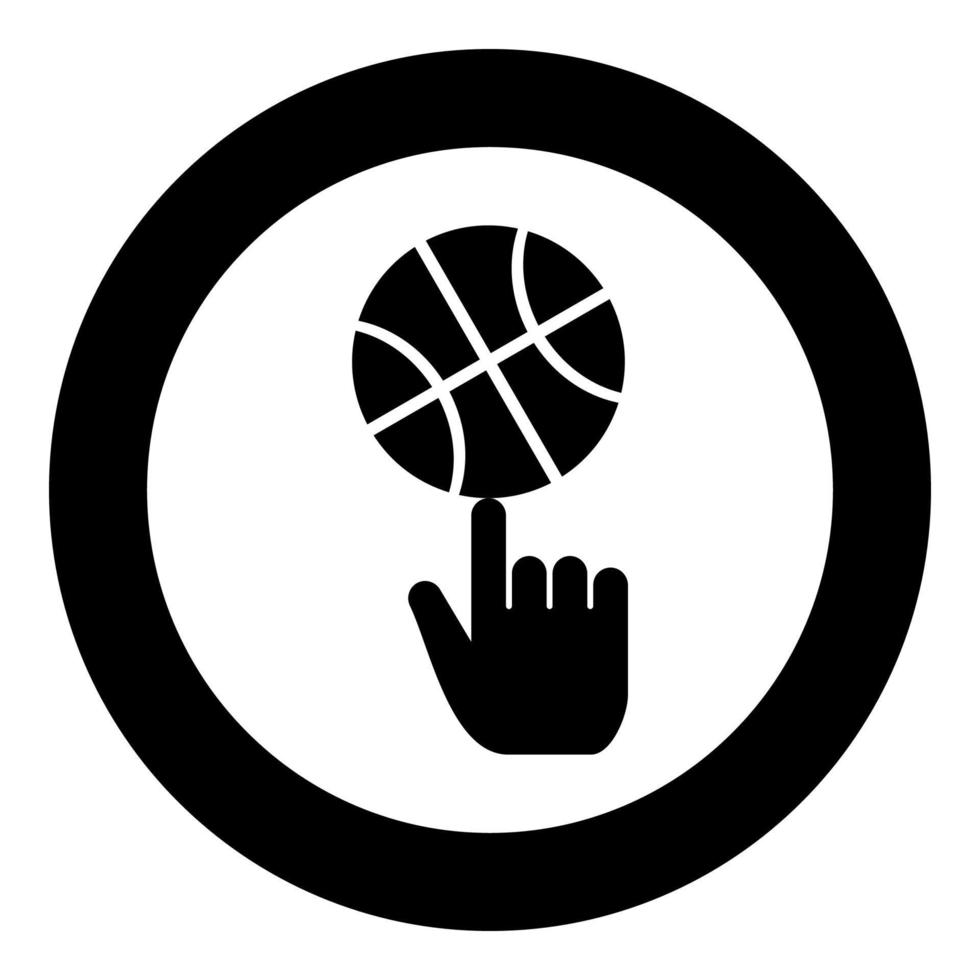 basketbal bal spinnen bovenop het pictogram van de wijsvinger in cirkel ronde zwarte kleur vector illustratie vlakke stijl afbeelding