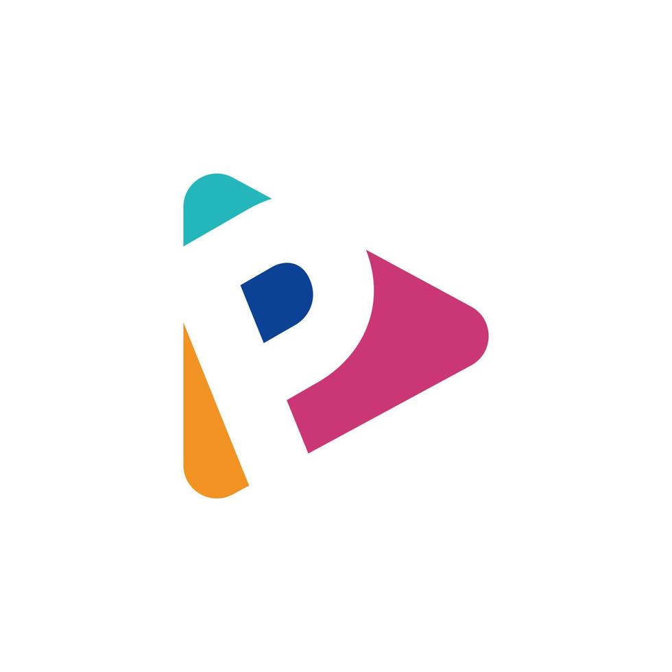 speel logo met letter p logo sjabloon, vlakke stijl kleurrijke logo's. afspeelpictogram met initiaal p. abstracte kleurrijke vector en huisstijl bedrijfslogo.