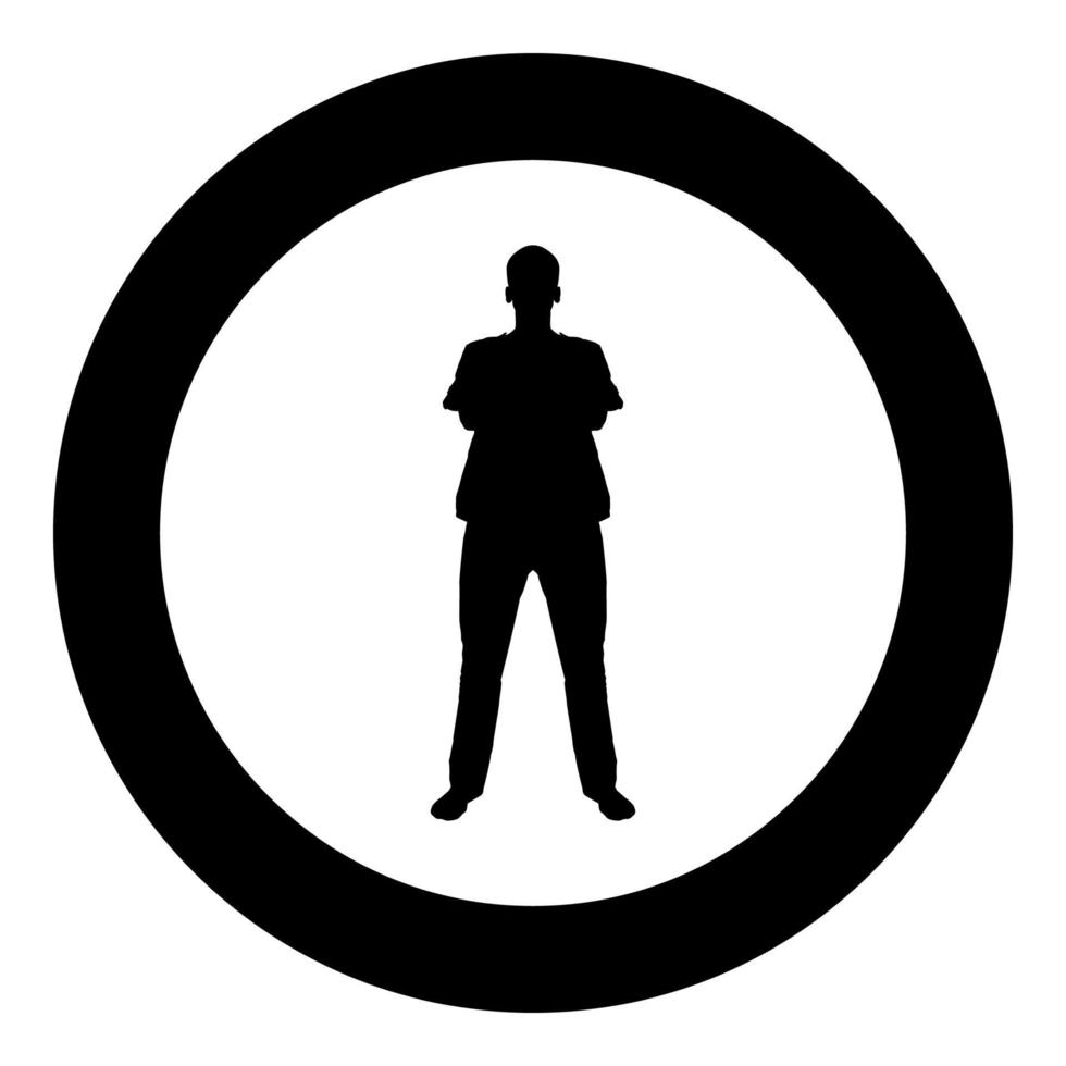 man staande met handen gekruist tandarts chirurg in medische kleding met gevouwen handen op zijn borst concept van het einde van de operatie operatie vooraanzicht pictogram zwarte kleur vector in cirkel ronde